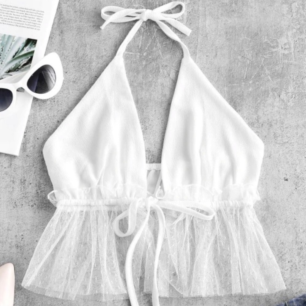 White Front Tie Crop Halter Top